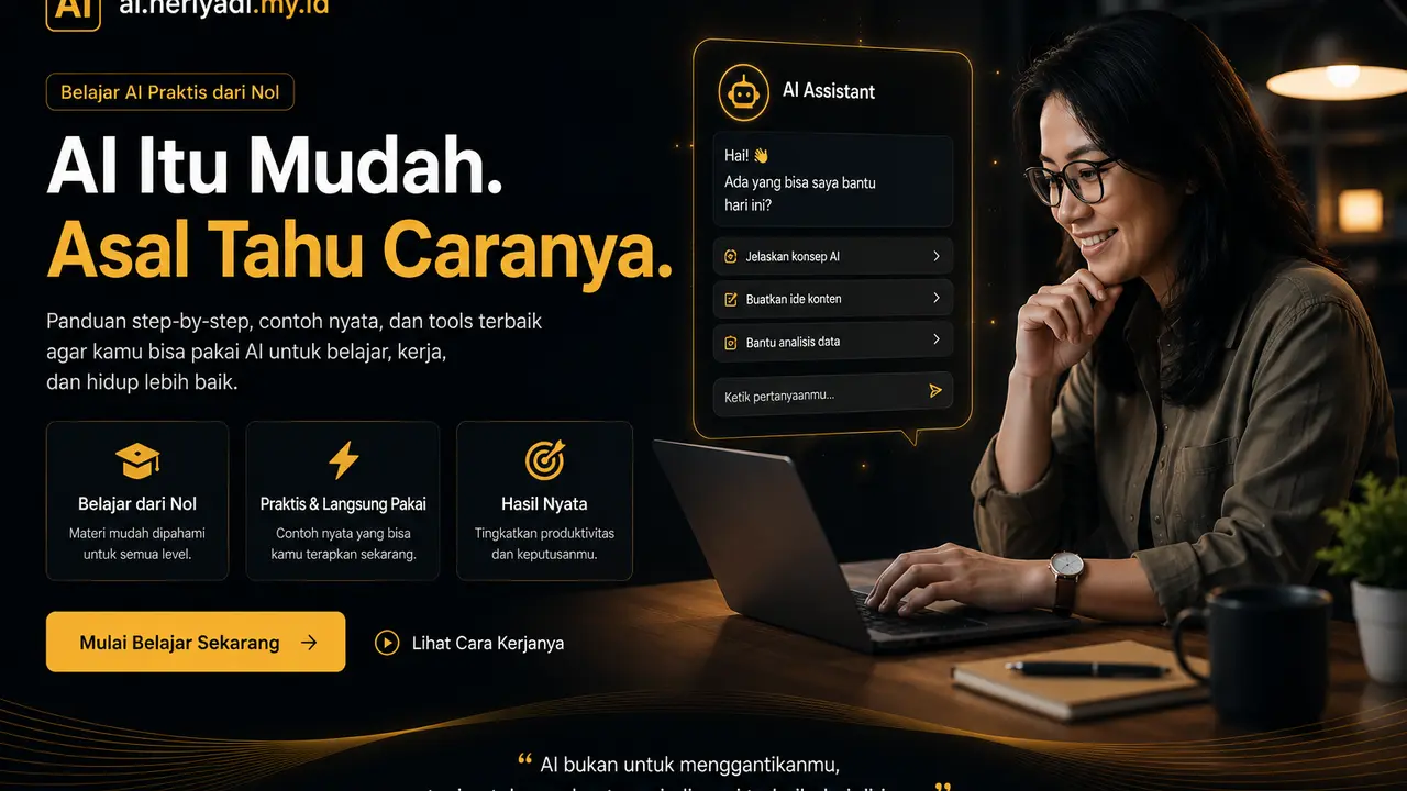 Ilustrasi realistis belajar AI di workspace modern